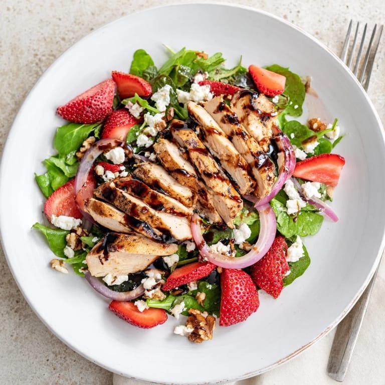 Close-up of Strawberry Balsamic Chicken Salad showing juicy grilled chicken, sweet strawberries, and crisp greens with a honey-balsamic glaze for a tangy finish.