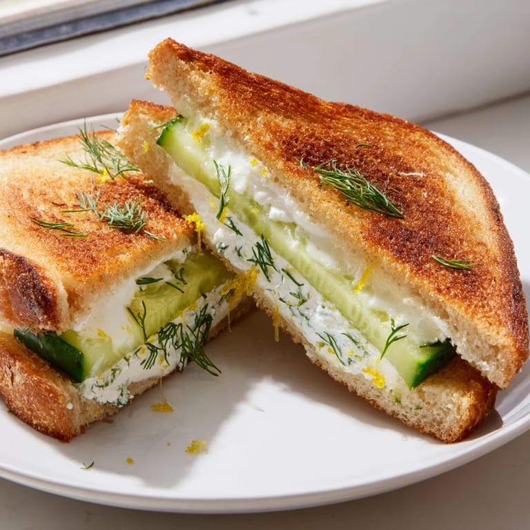 Mediterranean-inspired grilled cheese recipe layered with dill, lemon, and creamy whipped feta, sliced on a rustic plate.