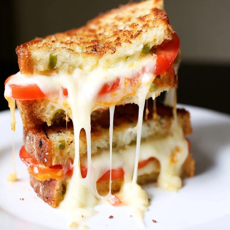 A crispy, open-faced Pepper Jack & Tomato Grilled Cheese on a wooden table, highlighting melted pepper jack cheese and juicy tomato layers against a rustic backdrop.