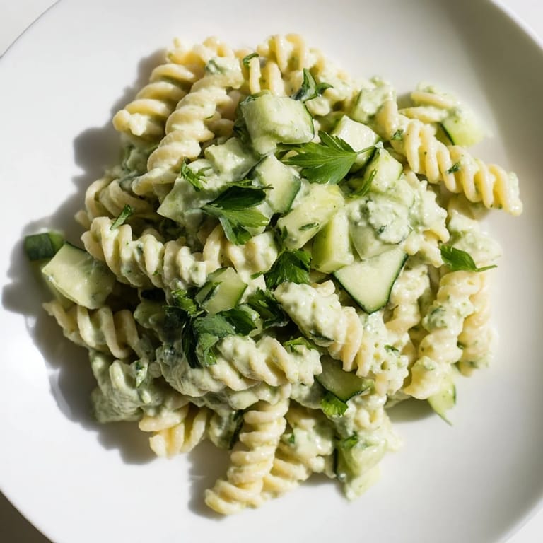 Tossed Green Goddess Pasta Salad with avocado-yogurt dressing, fresh parsley, and chives, perfect for a summer picnic.