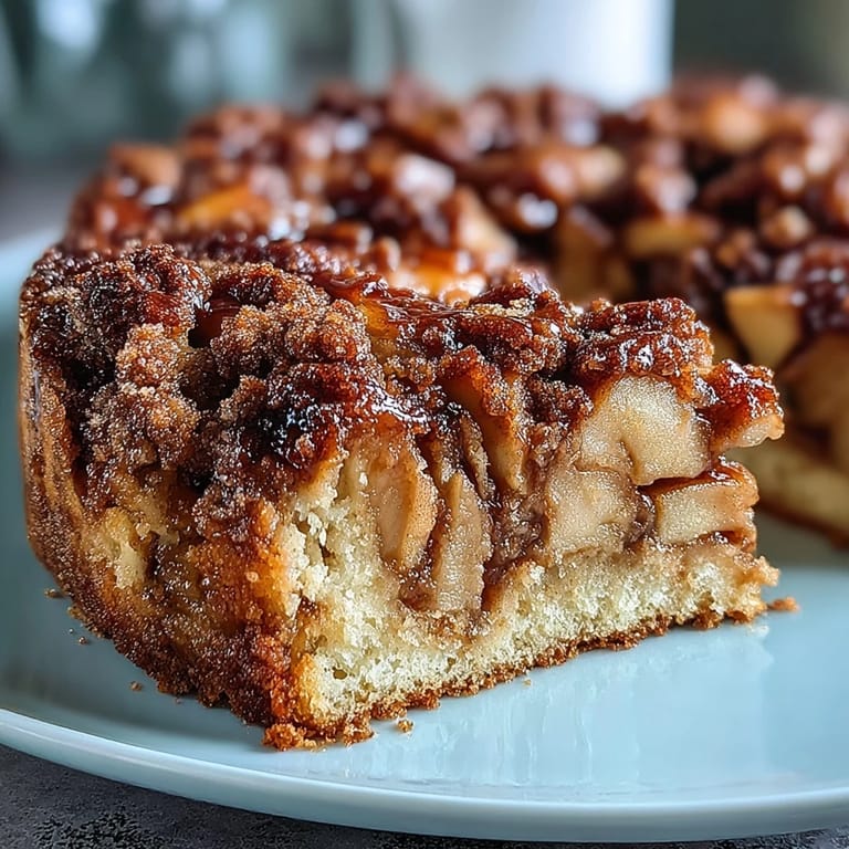 A rustic, casserole-style baked apple cake fresh from the oven, its cinnamon-sugar crust glistening over golden, aromatic apple layers.  