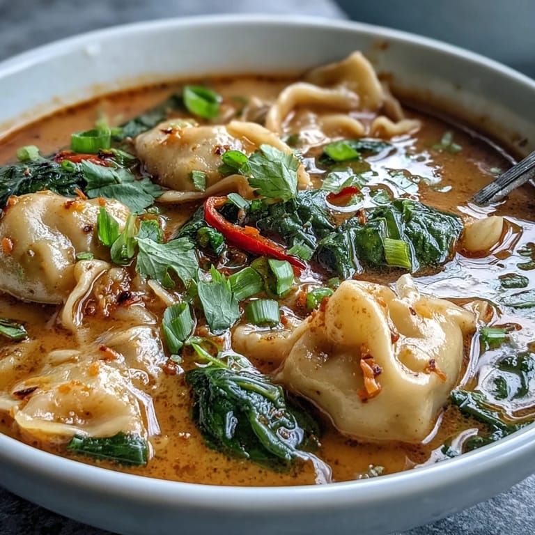 A quick Thai-inspired dinner featuring frozen wontons swimming in coconut broth with spinach and carrots.