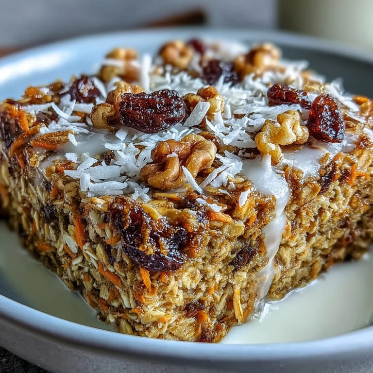 Delicious carrot cake baked oatmeal, moist with warm spices, perfect for breakfast.