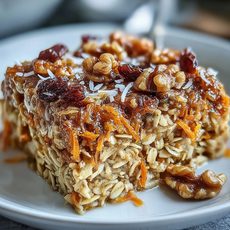 Hearty, spiced carrot cake baked oatmeal ready to slice and enjoy.