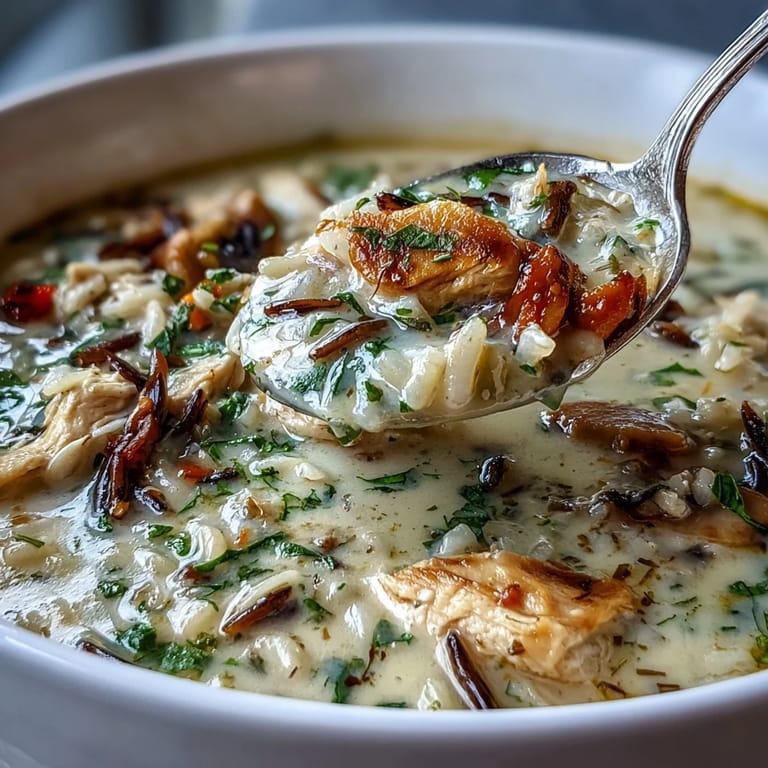 Rich Parmesan Mushroom Chicken and Wild Rice Soup, steaming with tender chicken and rice.