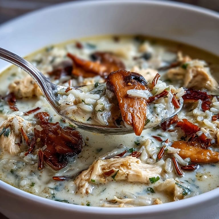 Golden Parmesan Mushroom Chicken and Wild Rice Soup, topped with fresh parsley.