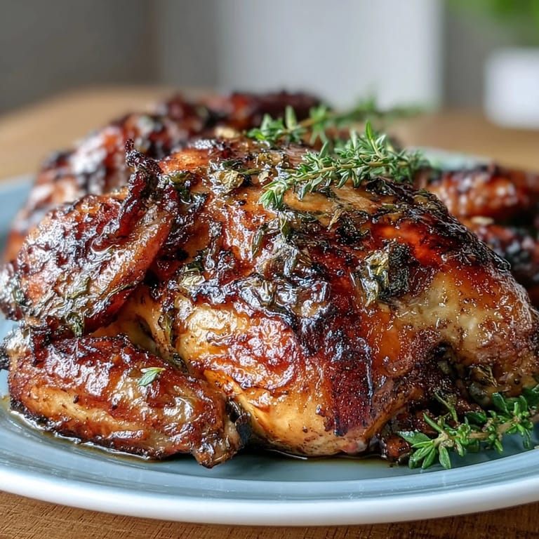 Juicy, herb-crusted roasted chicken with tender pot potatoes, ready to serve.