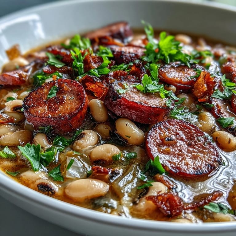 A rustic cast-iron pot holds Southern-style black-eyed peas, with a ladle ready to serve this lucky, comforting main dish.