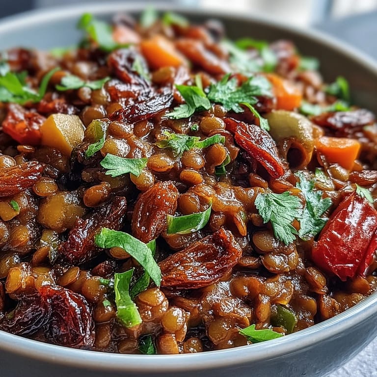 Savory sweet vegan Cuban-Inspired Lentil Picadillo, richly spiced and garnished visually.