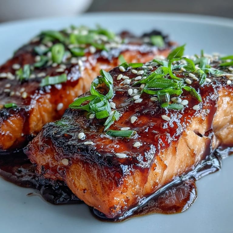 A close-up of Maple Soy Glazed Salmon, garnished with toasted sesame seeds and fresh green onions, shines with a glossy, sweet-savory sauce.