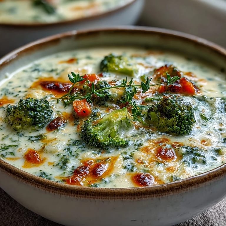 Rich, golden roasted broccoli cheddar soup topped with extra cheddar, ideal for cozy weeknight dinners.