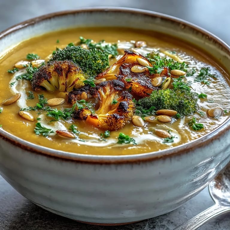 Savory Roasted Broccoli and Butternut Squash Soup in a white bowl, garnished with fresh parsley and olive oil drizzle.