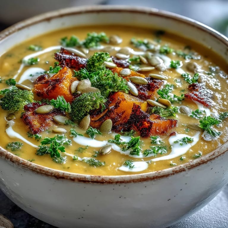 Healthy vegan Roasted Broccoli and Butternut Squash Soup in a ceramic mug, featuring roasted vegetable texture.