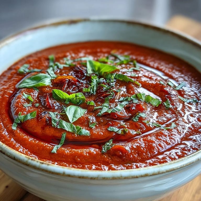 Homemade roasted tomato basil soup topped with crunchy croutons, served alongside a toasted bread slice.