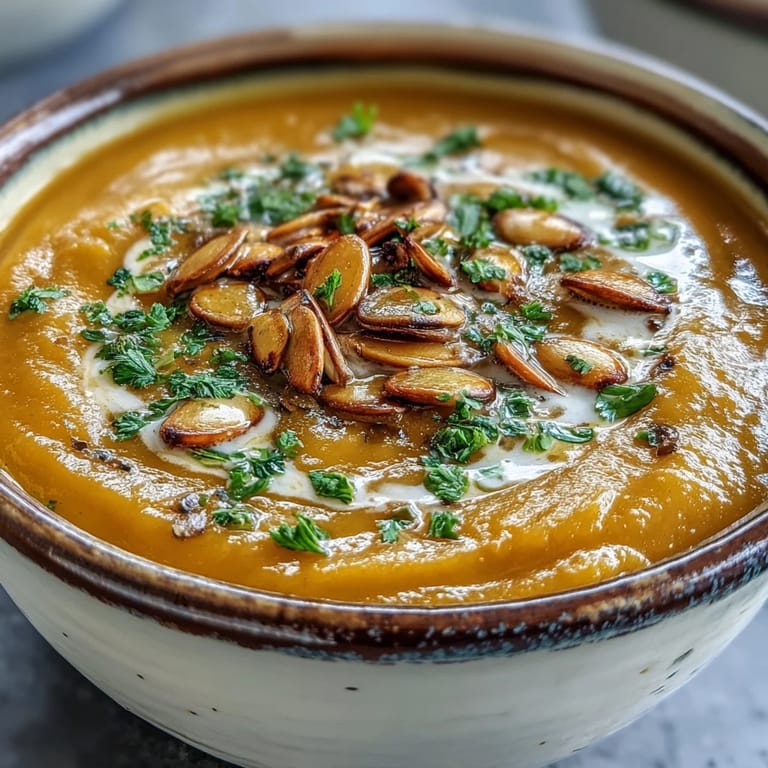 Vibrant golden Butternut Squash and Apple Soup swirled with cream and fresh thyme.