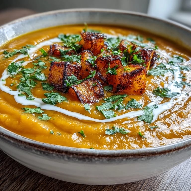 Spoon-ready bowl of Butternut Squash and Lentil Soup, garnished with fresh cilantro and crusty bread.
