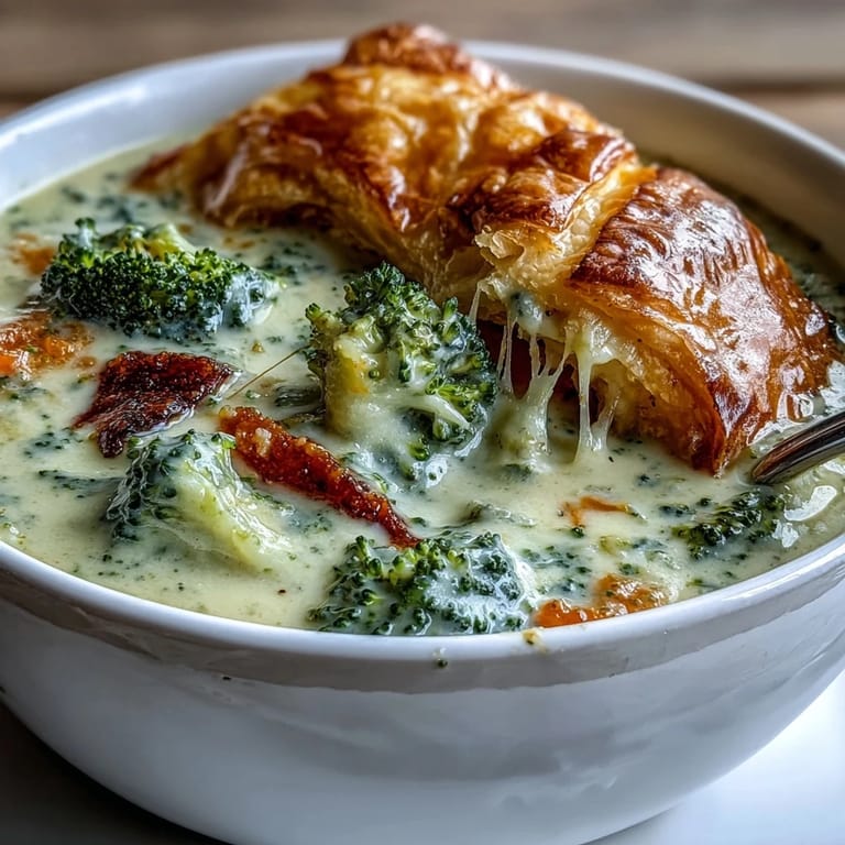 Creamy soup and golden pastries garnished with fresh thyme, ready for a comforting vegetarian dinner.