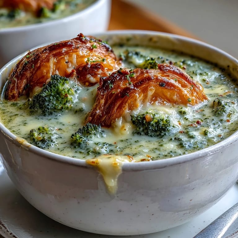 Homemade Creamy Broccoli and Butternut Squash Soup With Pastries topped with melted brie and cheddar on a cozy table.  