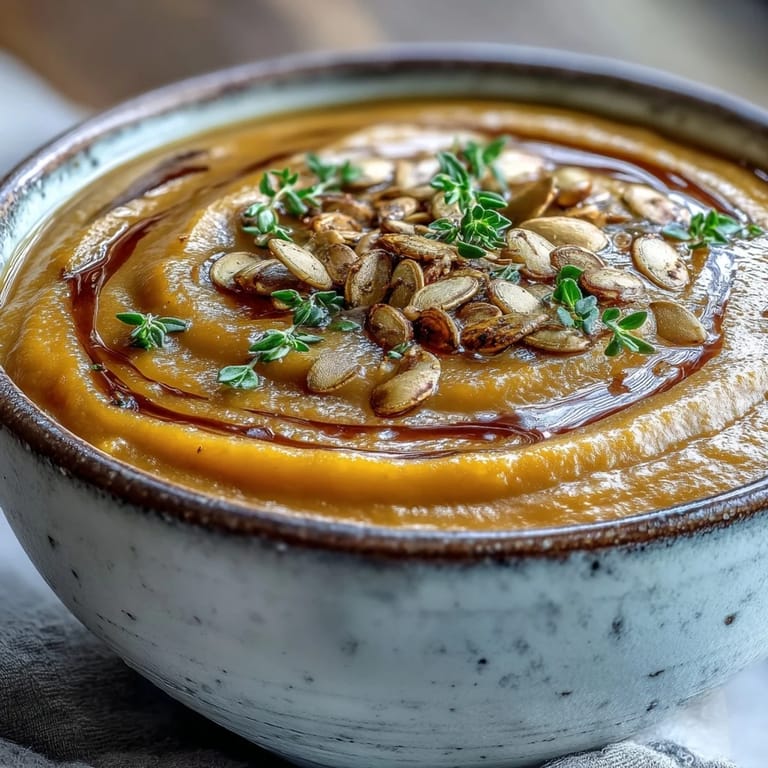 Golden roasted butternut squash soup simmering in a pot, ready to blend and serve with crusty bread for dipping.