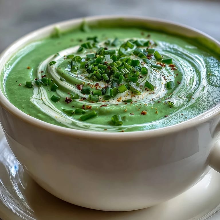 Velvety homemade cream of broccoli soup garnished with croutons, with steam rising from the vibrant green puree in a white bowl.