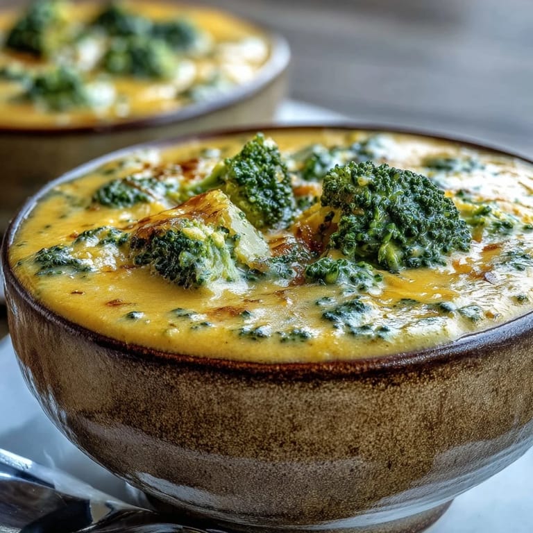A warm bowl of Butternut Squash Broccoli Cheddar Soup topped with shredded sharp cheddar and herbs.