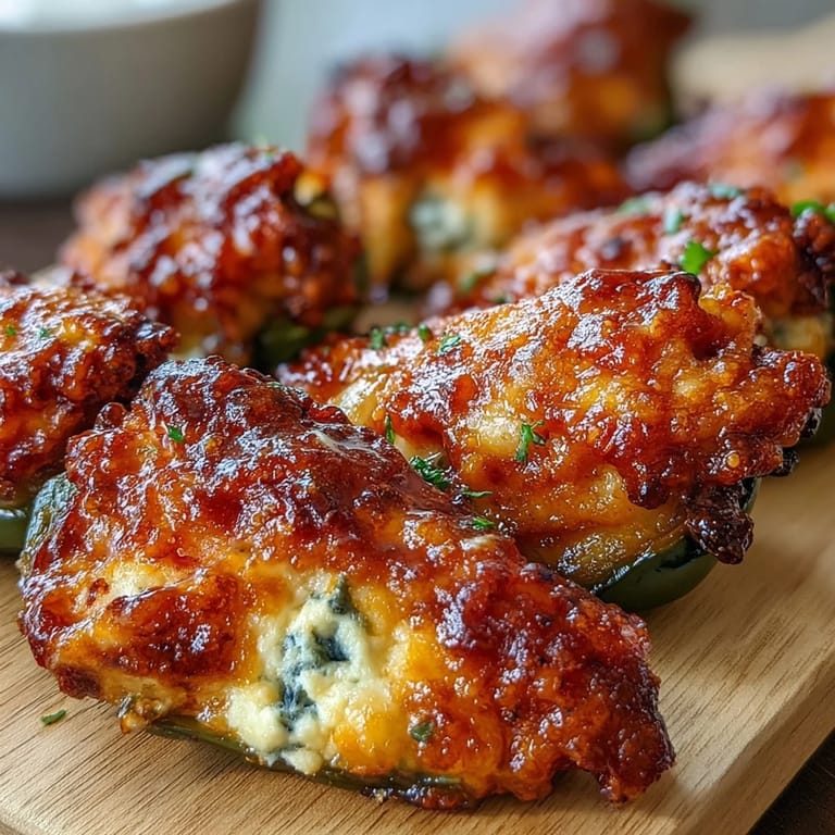 Close-up of a halved Buffalo Wing Popper revealing the vibrant buffalo sauce glaze and tender chicken filling, perfect for game day snacking.