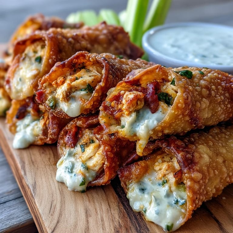 Close-up of a broken Buffalo Chicken Egg Roll revealing shredded chicken, melted mozzarella, and spicy buffalo sauce inside.