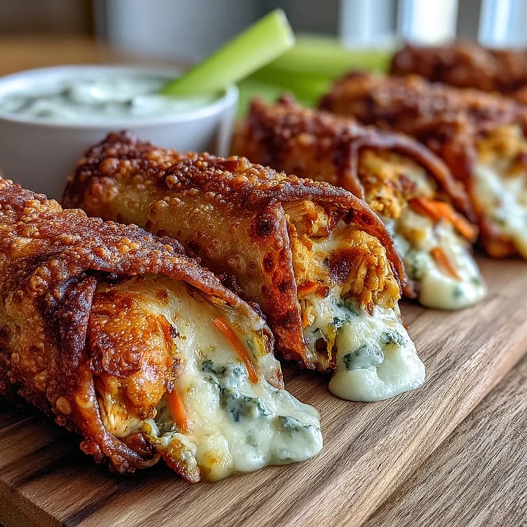 Freshly fried Buffalo Chicken Egg Rolls piled high with celery sticks and carrot sticks on the side for a classic pairing.