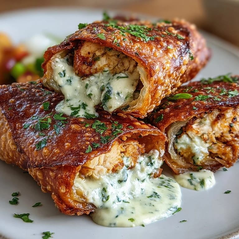 Freshly baked mini chicken chimis with jalapeño cream cheese are paired with green enchilada sauce on a rustic table.