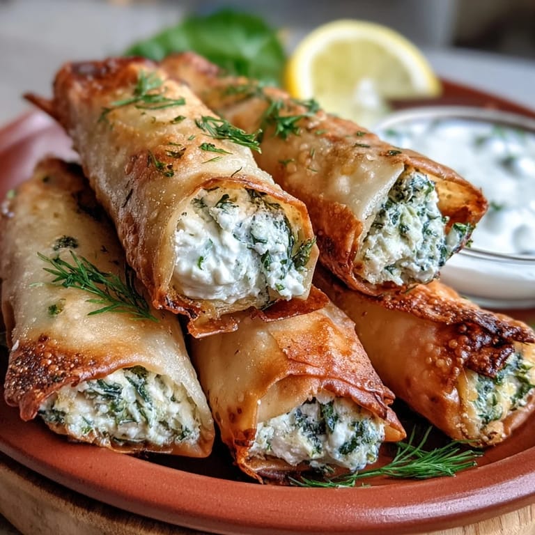 Four crispy Spanakopita Spring Rolls on a rustic plate beside a small bowl of yogurt-dill dip and scattered herbs.