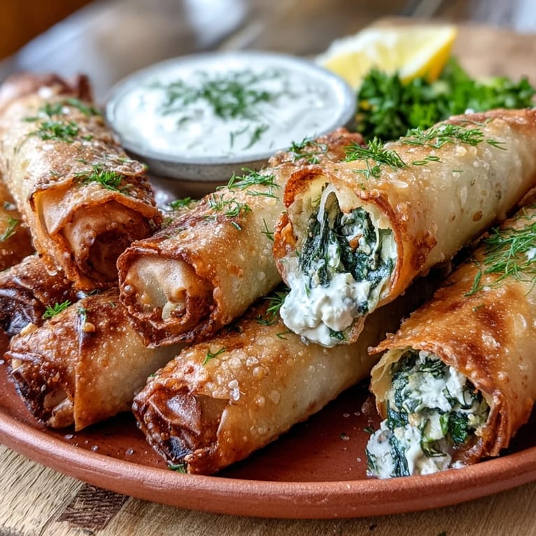 Freshly fried Spanakopita Spring Rolls resting on paper towels, showing flaky wrappers and a glimpse of the green filling.