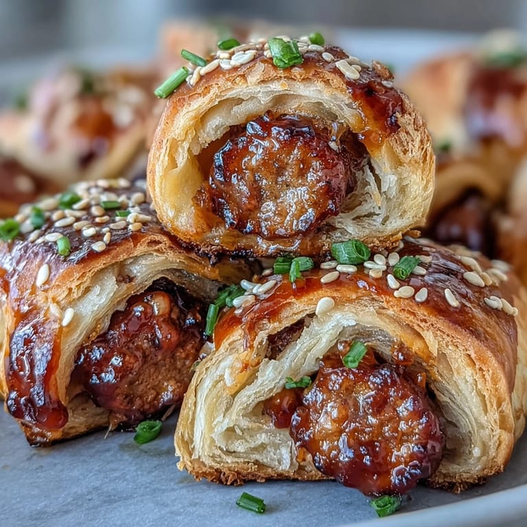 These Pepper Jelly Hogs in a Blanket are plated on a rustic board, garnished with fresh chives.