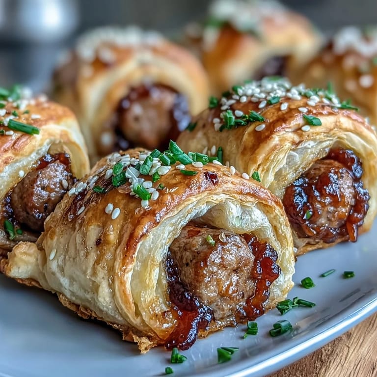 Close up of Pepper Jelly Hogs in a Blanket served warm, perfect for game day appetizers.