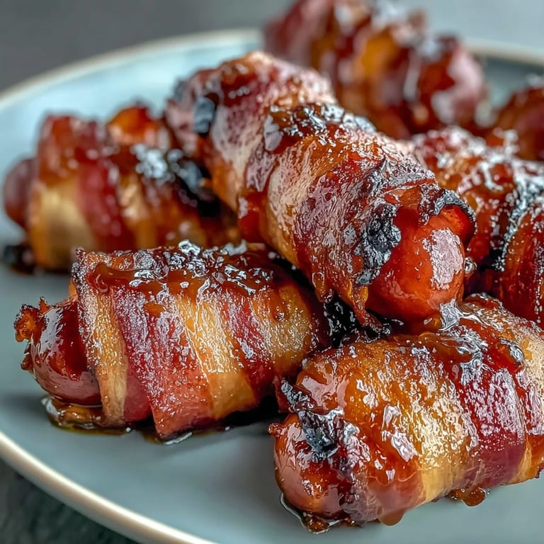 Freshly baked Bacon-Wrapped Smokies on a platter with toothpicks ready for game day. 