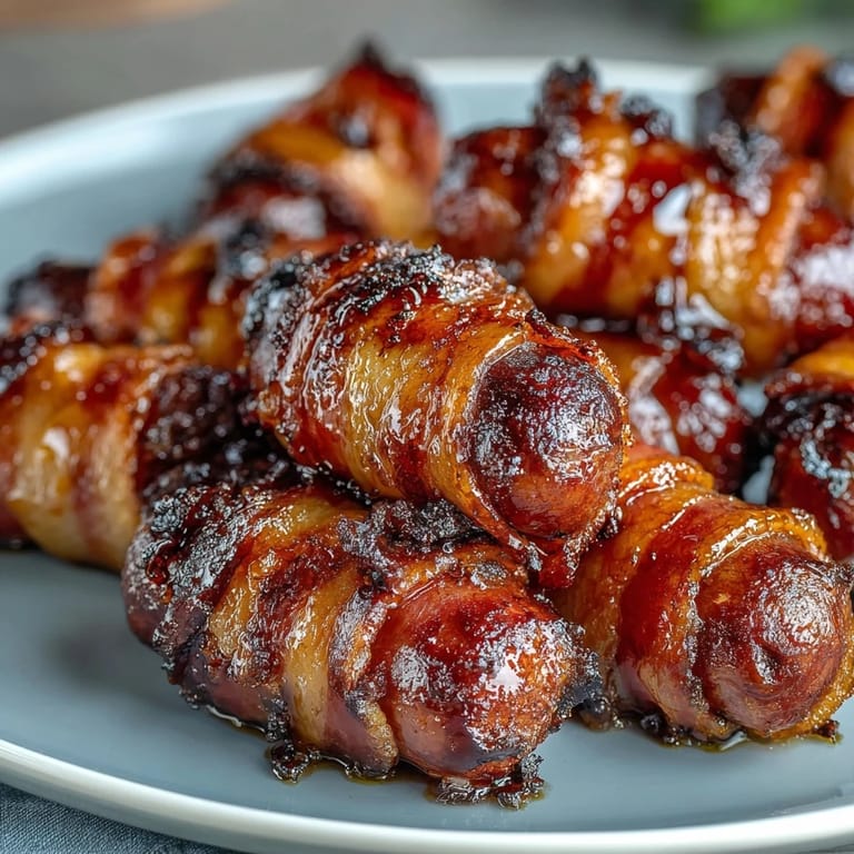 Sizzling Bacon-Wrapped Smokies with crispy bacon edges and a sweet caramelized glaze.