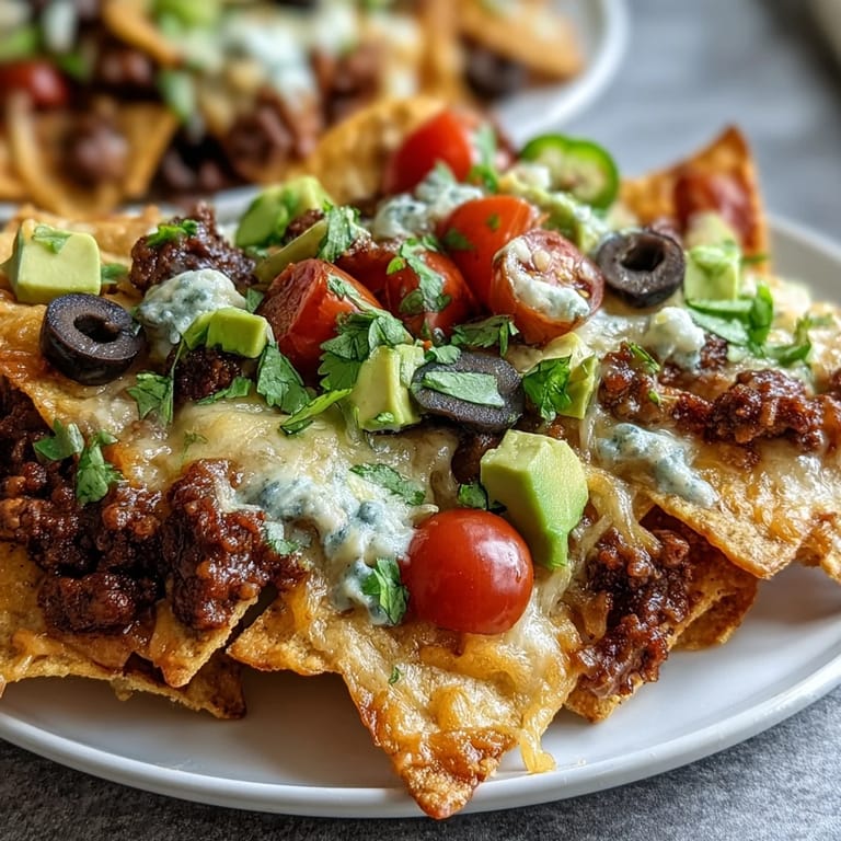 A close-up of loaded Baked Nachos topped with creamy avocado, sour cream, and black beans, ready to serve.