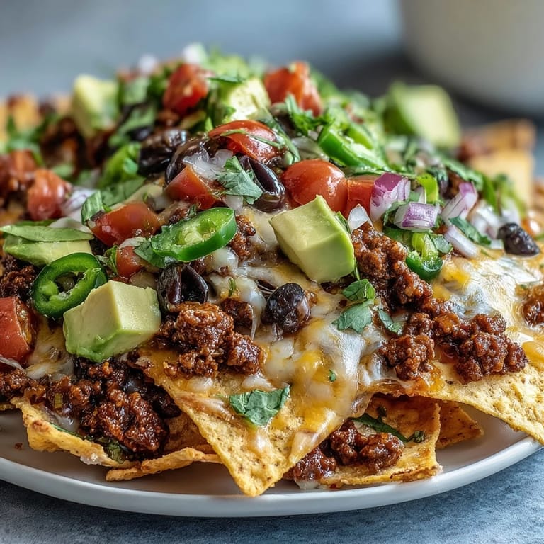 Golden, oven-baked Baked Nachos with bubbling cheese, diced tomatoes, and olives on a baking sheet, perfect for game day.