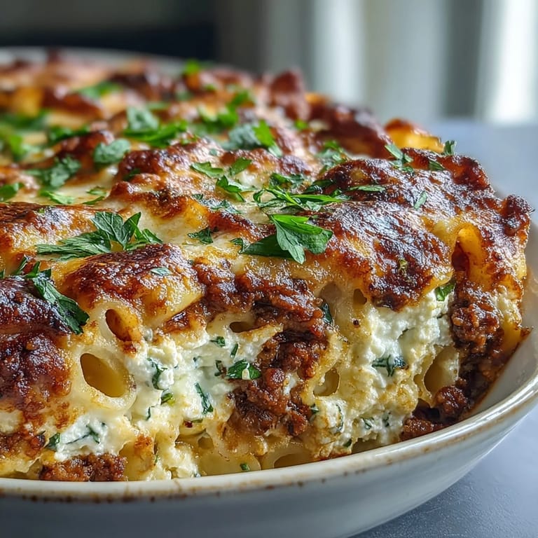 A golden-brown Cottage Cheese Protein Pasta Bake with Ground Beef is pulled from the oven, steam rising from the melted cheese.