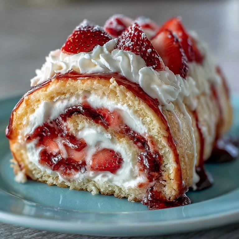 Elegant dessert sushi rolls feature golden crepes, whipped cream, and juicy strawberries for a party-ready treat.