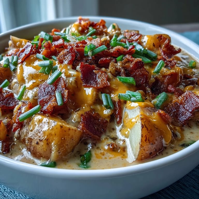 Rich Loaded Potato Soup garnished with crumbled bacon, green onions, and a dollop of sour cream.