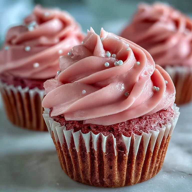 Close-up of a Pink Velvet Cupcake with Vanilla Buttercream Frosting, showing tender crumb and fluffy frosting on a marble countertop.