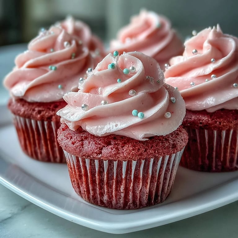 Moist, blush-pink Pink Velvet Cupcakes topped with swirls of creamy vanilla buttercream frosting, ready to serve on a dessert plate.
