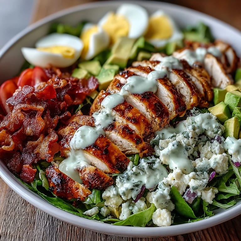 Colorful rows of tomatoes, hard-boiled eggs, and avocado garnish a generous Cobb Salad Bowl with ranch dressing.