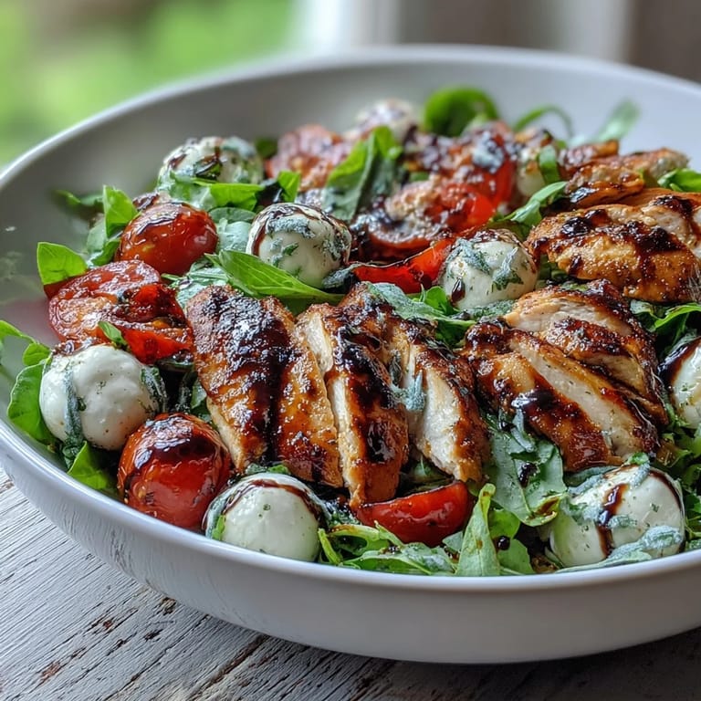 A vibrant Caprese Chicken Bowl featuring grilled chicken, mozzarella, tomatoes, and basil, drizzled with balsamic reduction.