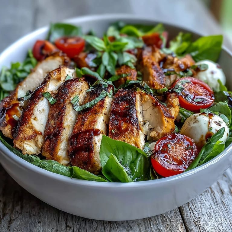 Colorful Caprese Chicken Bowl served over salad with sliced mozzarella, tomatoes, basil, and glistening balsamic glaze.