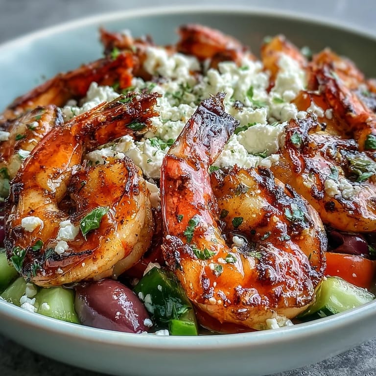 A close-up shows a Greek Shrimp Bowl featuring juicy grilled shrimp, briny Kalamata olives, crisp greens, and a golden char, ready to serve for a quick Mediterranean dinner.