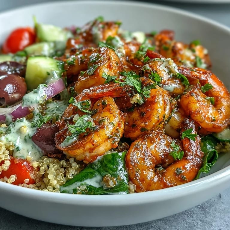 Vibrant Mediterranean shrimp bowl with shrimp, spinach, cucumber, and grains, garnished with lemon wedges and parsley.