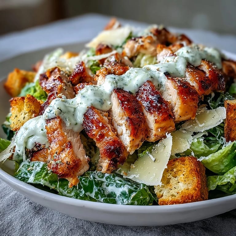 A freshly tossed Caesar Chicken Bowl showcases creamy dressing, parmesan cheese, and crunchy croutons on greens.