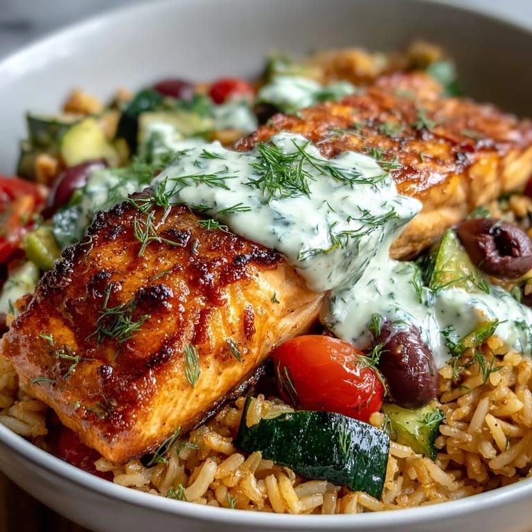 A close-up of the Crispy Rice Salmon Bowl highlights colorful Mediterranean vegetables and a zesty, creamy sauce pooling on the rice.