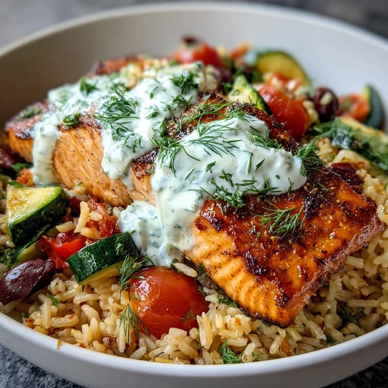 The golden-brown salmon fillet and crispy rice base make this Mediterranean fusion bowl a visually stunning and appetizing main dish.
